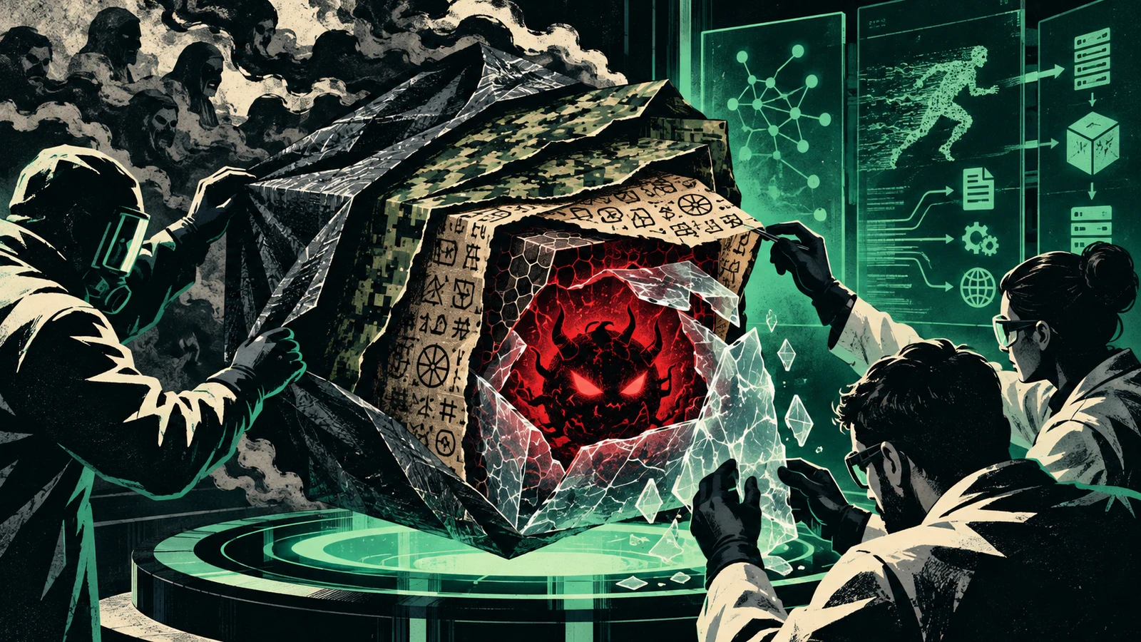 Illustrated cybersecurity scene for Malware Obfuscation: Packing, Encoding & Evasion