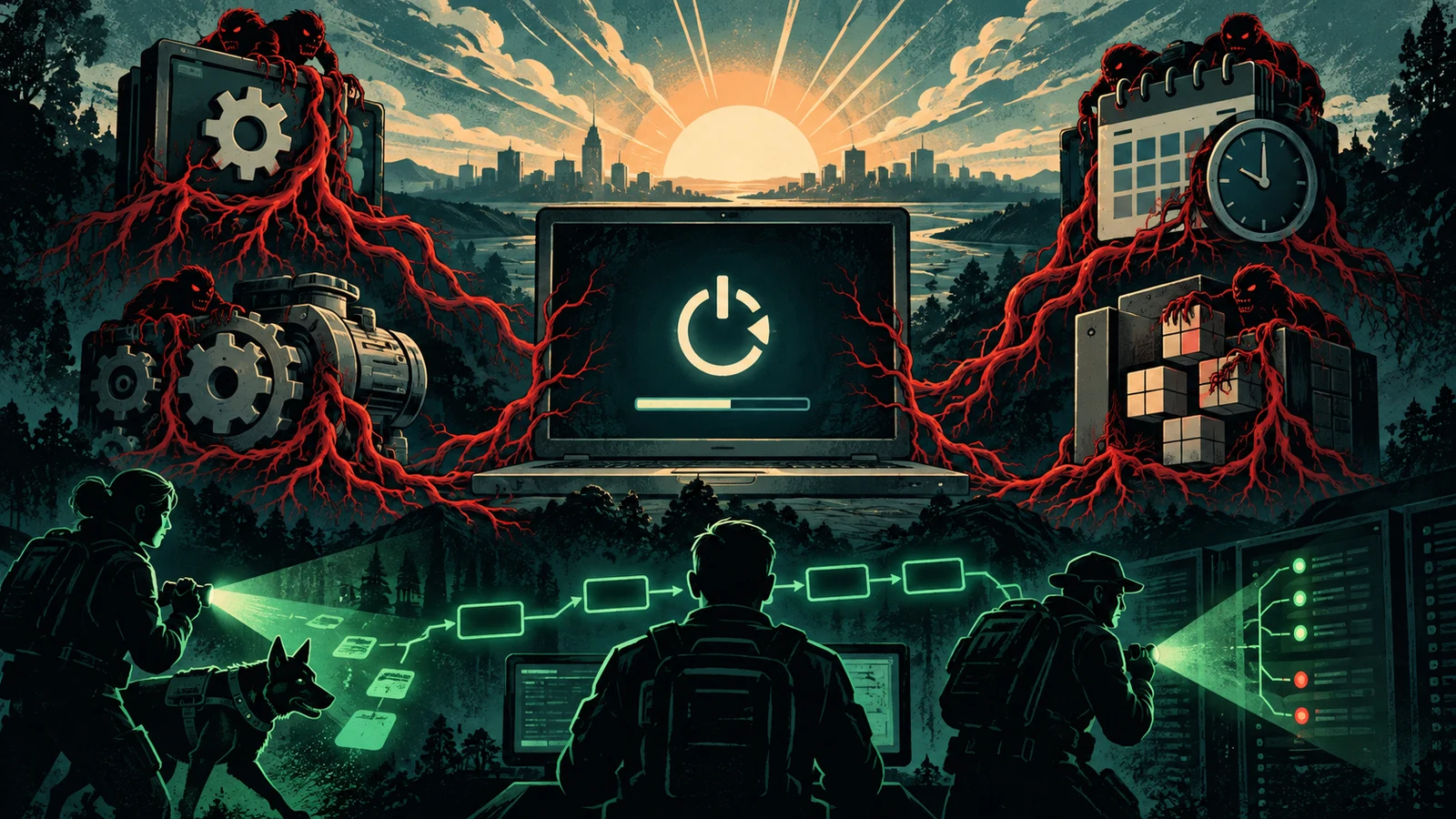 Illustrated cybersecurity scene for Malware Persistence Techniques: How Malware Survives Reboot