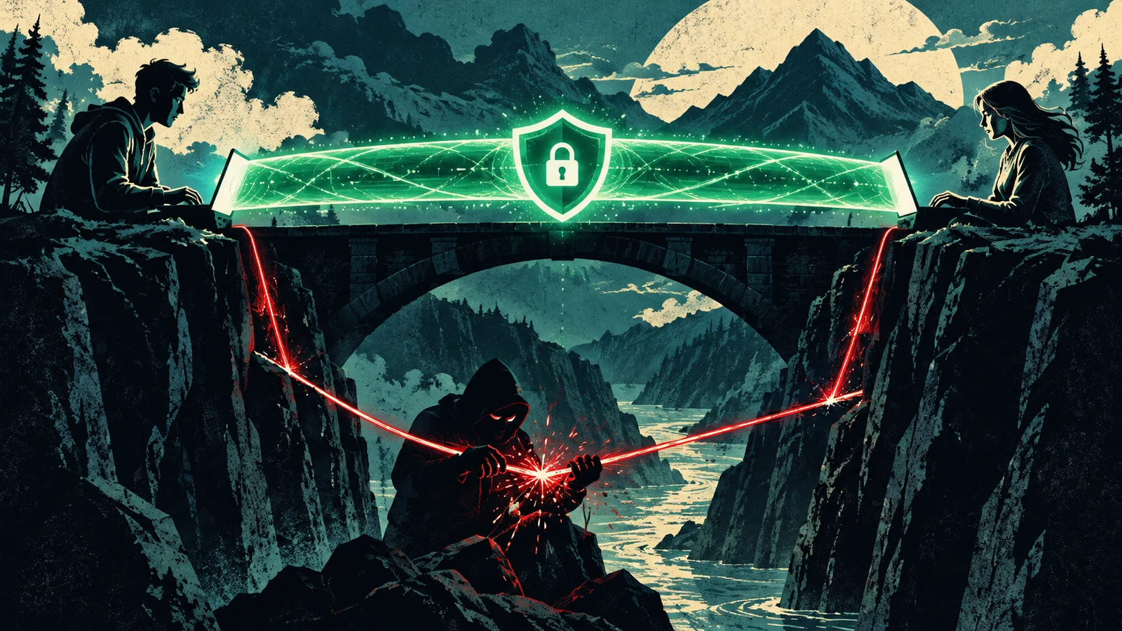 Illustrated cybersecurity scene for Man-in-the-Middle: On-Path Interception & TLS Defense