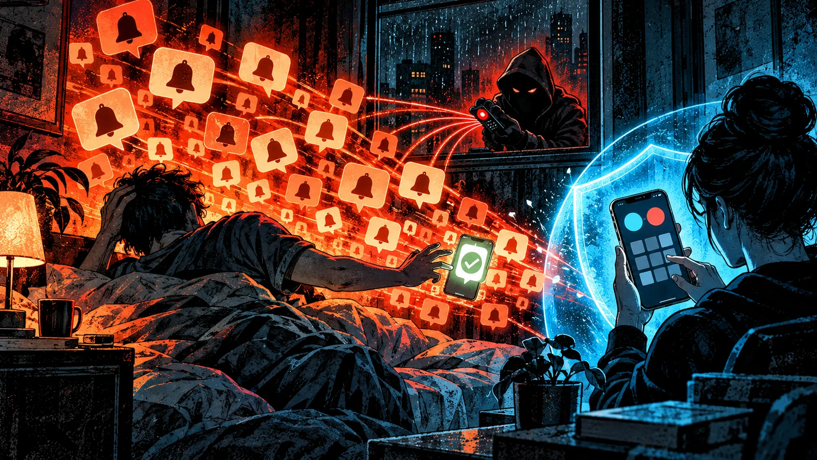 Illustrated cybersecurity scene for MFA Fatigue Attacks: How Push Bombing Works Illustrated cybersecurity scene for MFA Fatigue Attacks: How Push Bombing Works