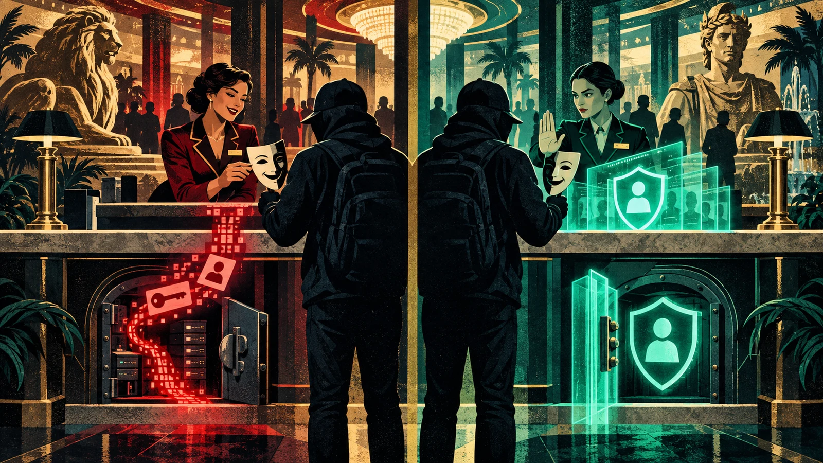Illustrated cybersecurity scene for MGM and Caesars: One Crew, Two Help Desks, Two Answers