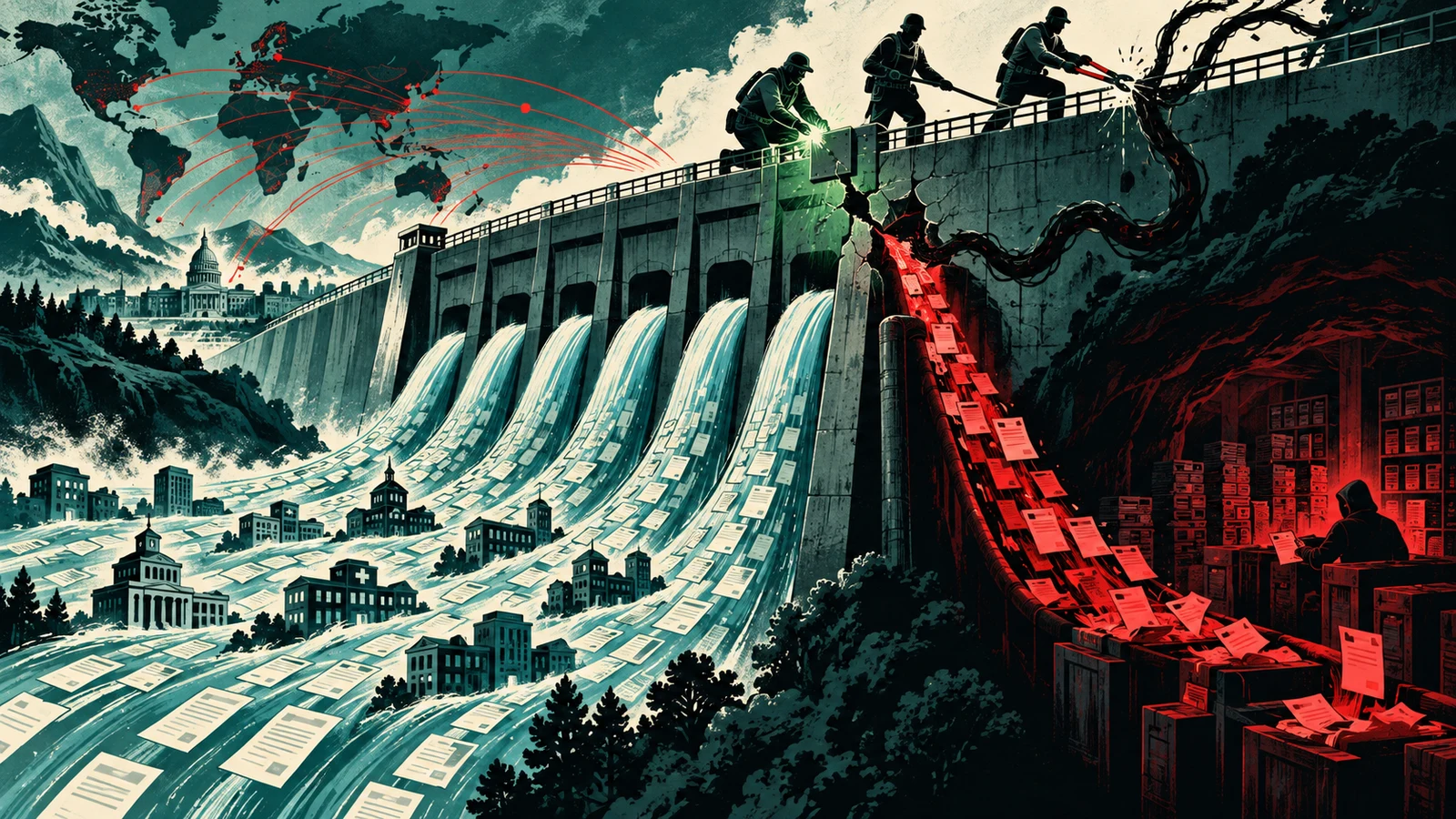 Illustrated cybersecurity scene for The MOVEit Breach: One File Transfer Product, Thousands of Victims