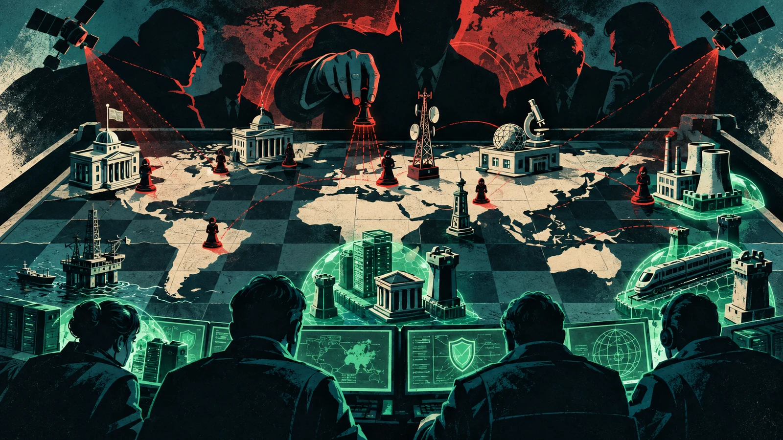 Illustrated cybersecurity scene for Nation-State Hacking: State-Sponsored Cyber Operations