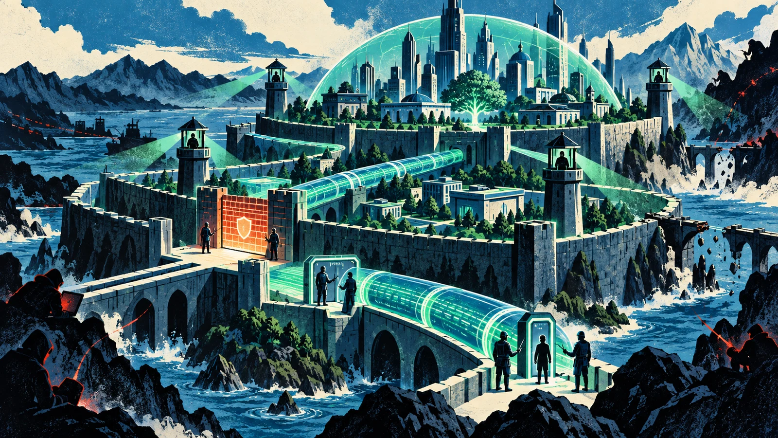 Illustrated cybersecurity scene for Network Security Fundamentals: Firewalls, VPNs & IDS