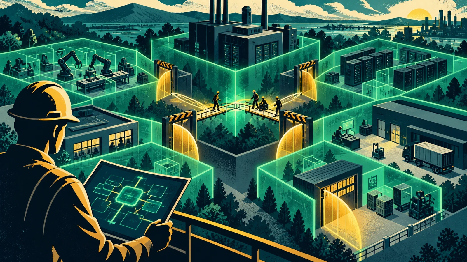 Illustrated cybersecurity scene for Network Segmentation Guide: Zones, Microsegmentation & Rollout