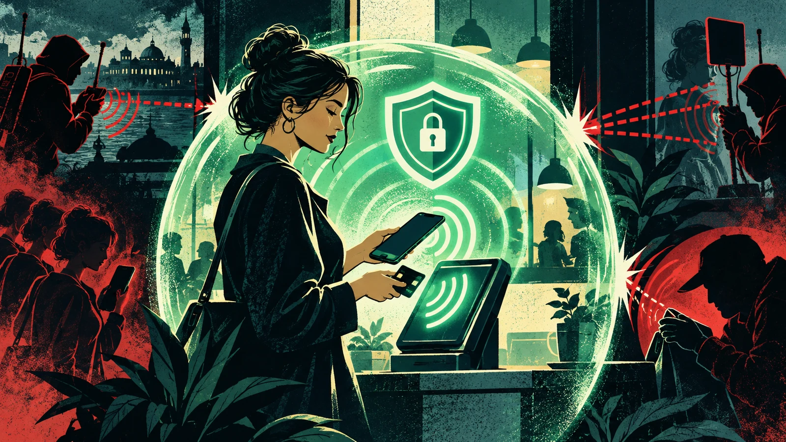 Illustrated cybersecurity scene for NFC Security: Contactless Risks & the Real Threat Model