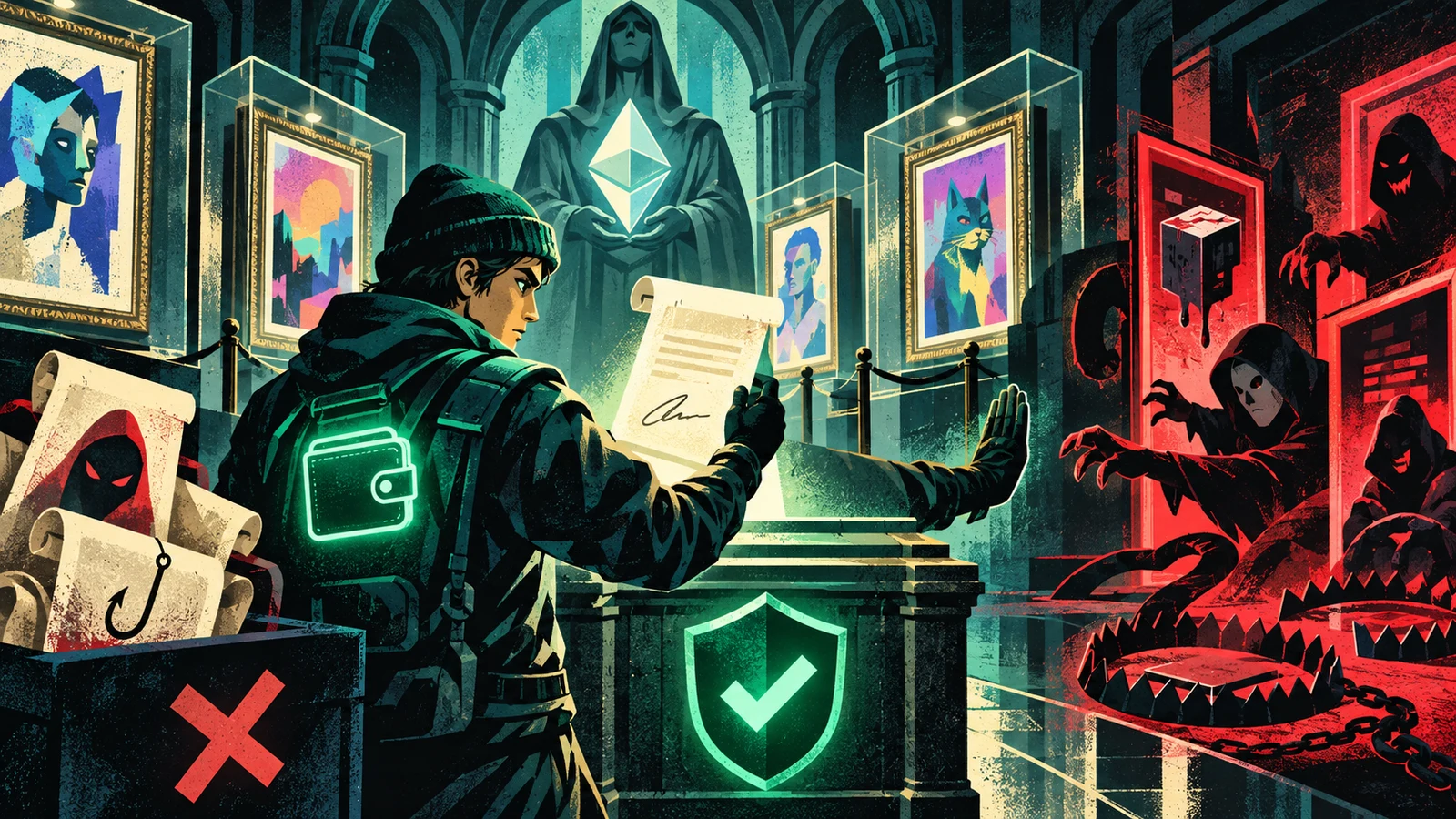 Illustrated cybersecurity scene for NFT Security Guide: Avoiding Scams and Theft