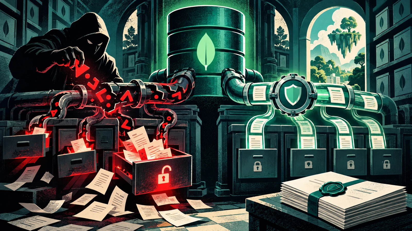 Illustrated cybersecurity scene for NoSQL Injection: Operator Injection in Document Databases Illustrated cybersecurity scene for NoSQL Injection: Operator Injection in Document Databases