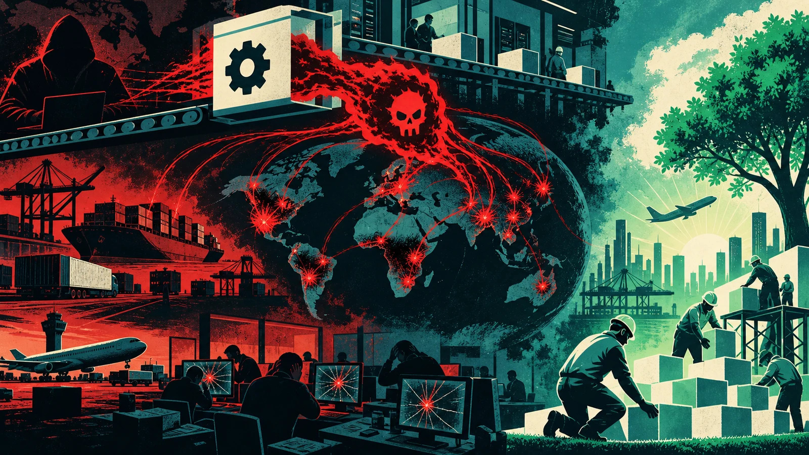 Illustrated cybersecurity scene for NotPetya: A Wiper Dressed as Ransomware, Delivered by an Update