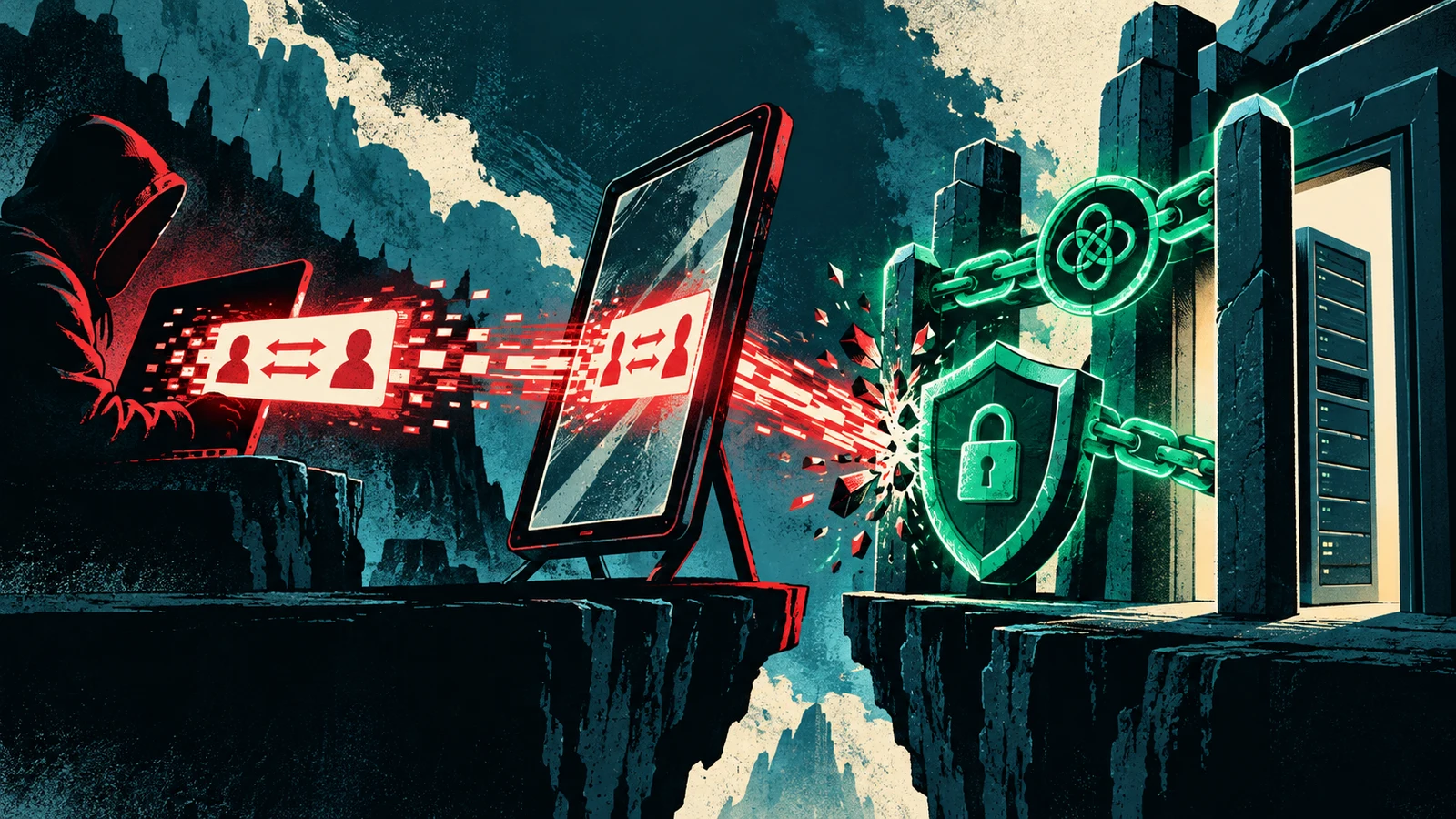 Illustrated cybersecurity scene for NTLM Relay: How Captured Authentication Becomes Access Illustrated cybersecurity scene for NTLM Relay: How Captured Authentication Becomes Access