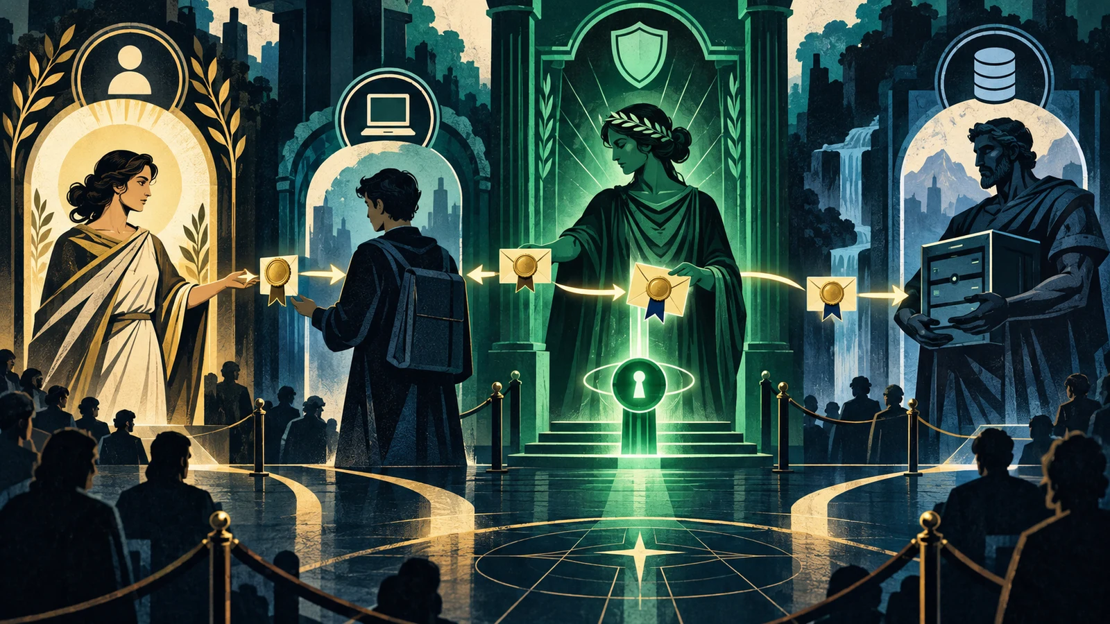 Illustrated cybersecurity scene for OAuth 2.0: Roles, Grant Types, and Tokens