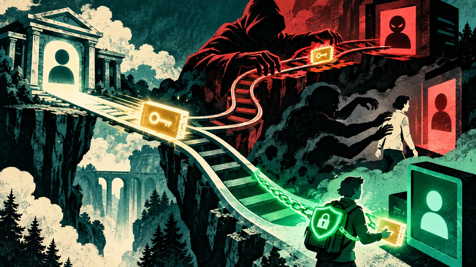 Illustrated cybersecurity scene for OAuth Attacks: redirect_uri Manipulation, Codes & CSRF