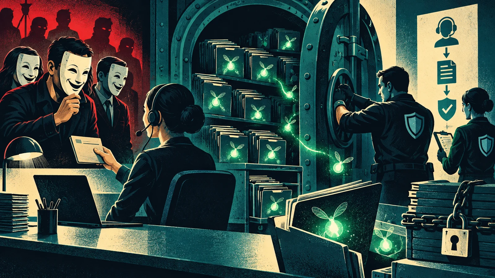 Illustrated cybersecurity scene for The Okta Breaches: Session Tokens, HAR Files and a Support System