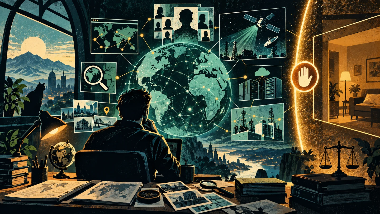 Illustrated cybersecurity scene for OSINT Reconnaissance: Tools and Techniques