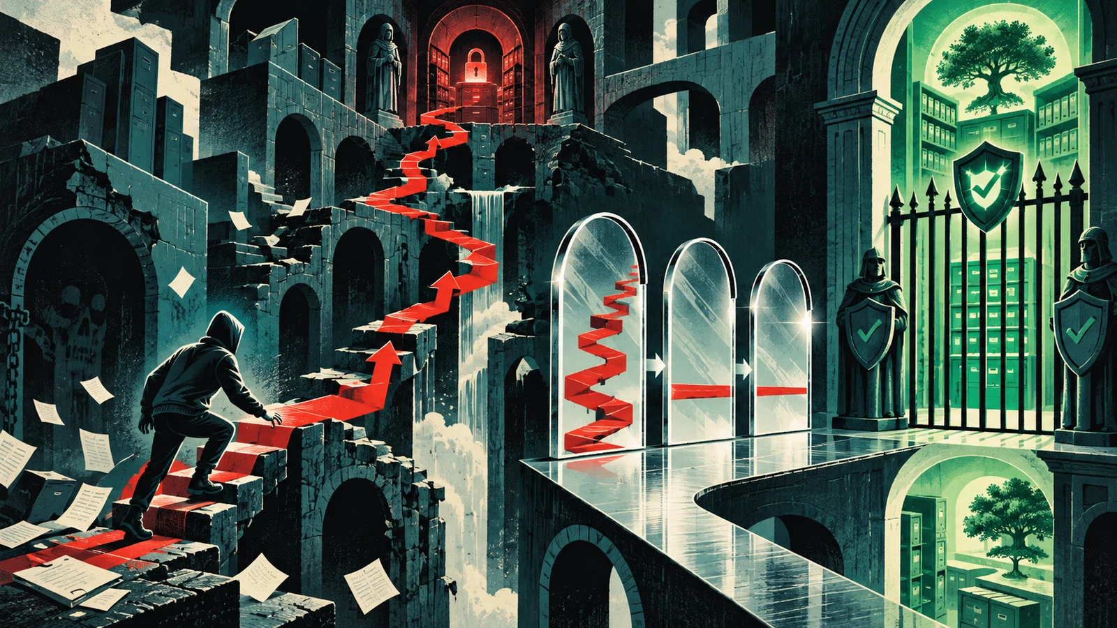 Illustrated cybersecurity scene for Path Traversal: Directory Traversal, LFI & Canonicalization