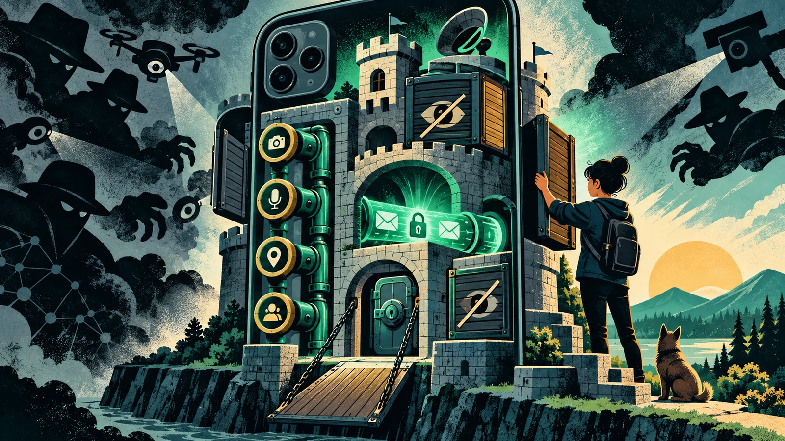 Illustrated cybersecurity scene for Phone Privacy Hardening: Lock Down Your Device