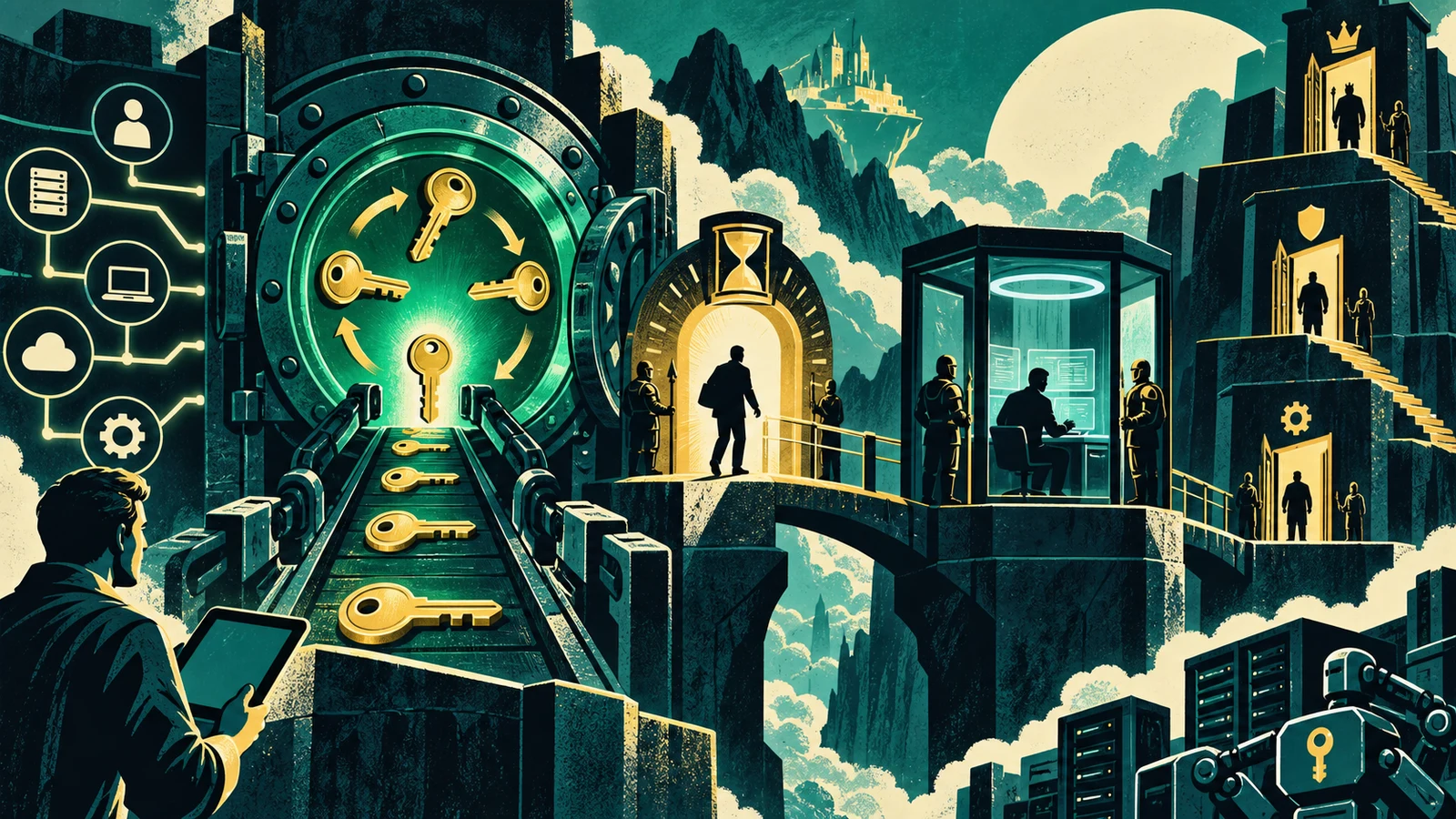 Illustrated cybersecurity scene for Privileged Access Management: Vaults, JIT and Tiering