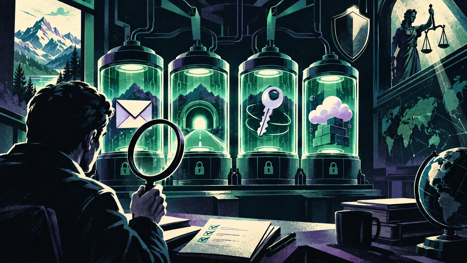 Illustrated cybersecurity scene for Proton Review: Mail, VPN, Pass and Drive Tested Illustrated cybersecurity scene for Proton Review: Mail, VPN, Pass and Drive Tested
