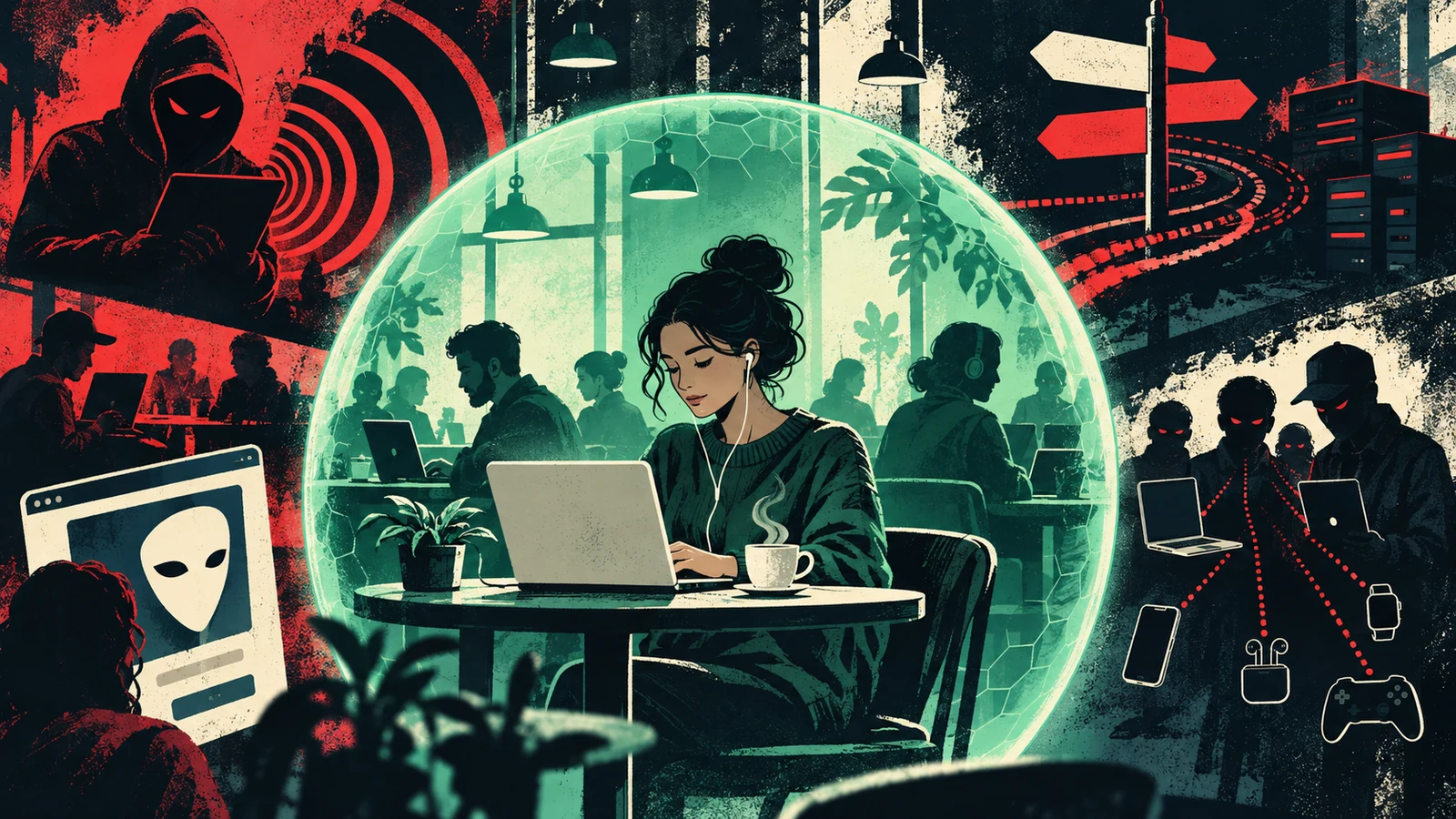 Illustrated cybersecurity scene for Public WiFi Safety: What Actually Puts You at Risk