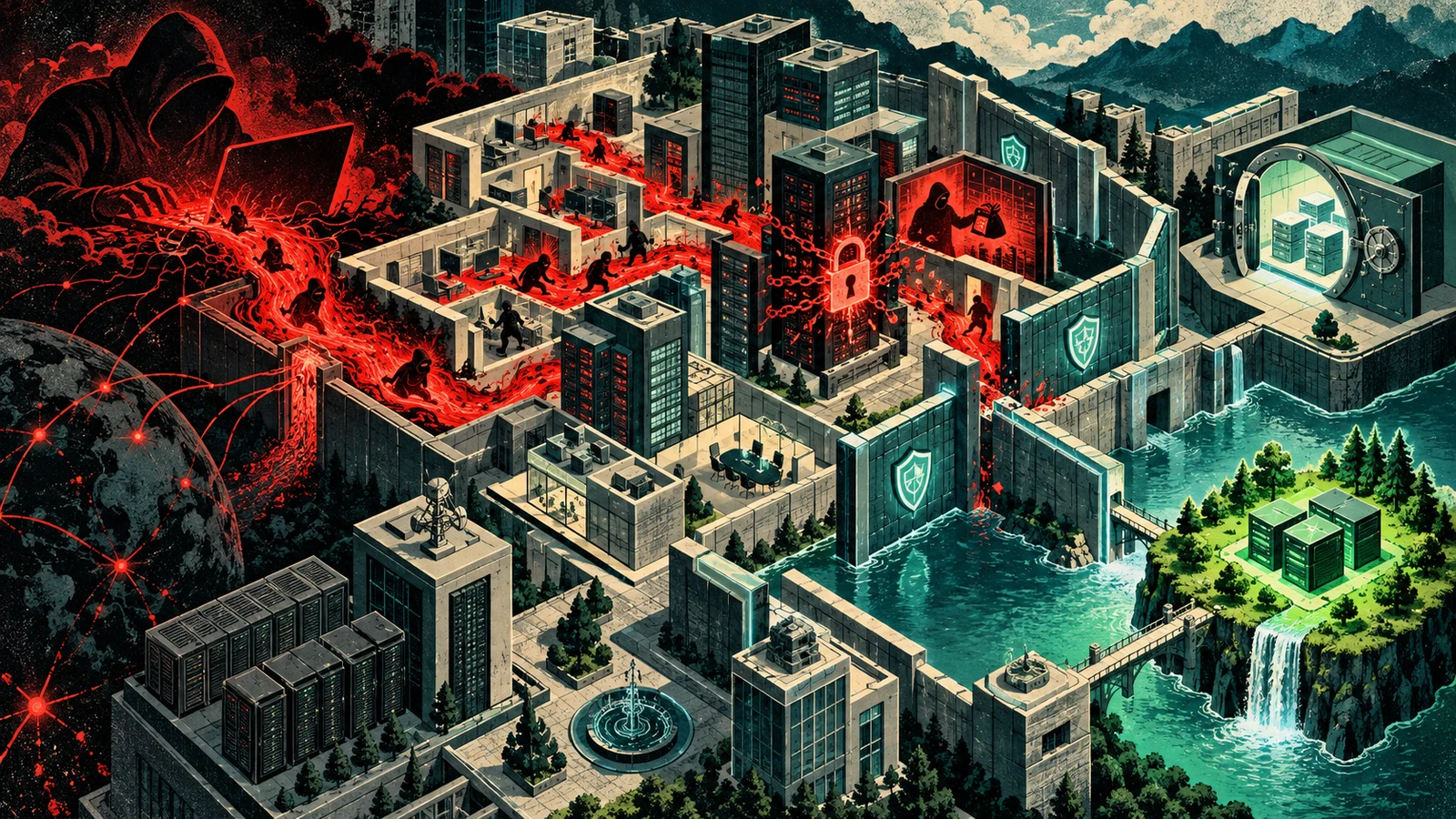 Illustrated cybersecurity scene for Anatomy of a Ransomware Attack