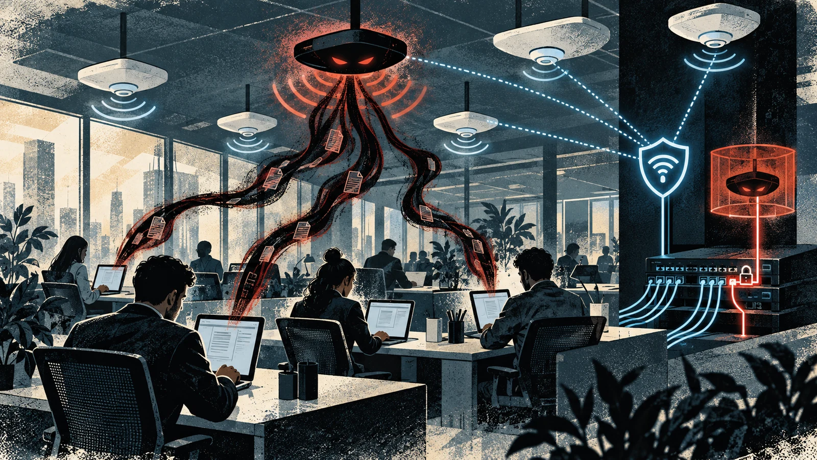 Illustrated cybersecurity scene for Rogue Access Point: Unauthorized APs, Wireless IDS & 802.1X Illustrated cybersecurity scene for Rogue Access Point: Unauthorized APs, Wireless IDS & 802.1X
