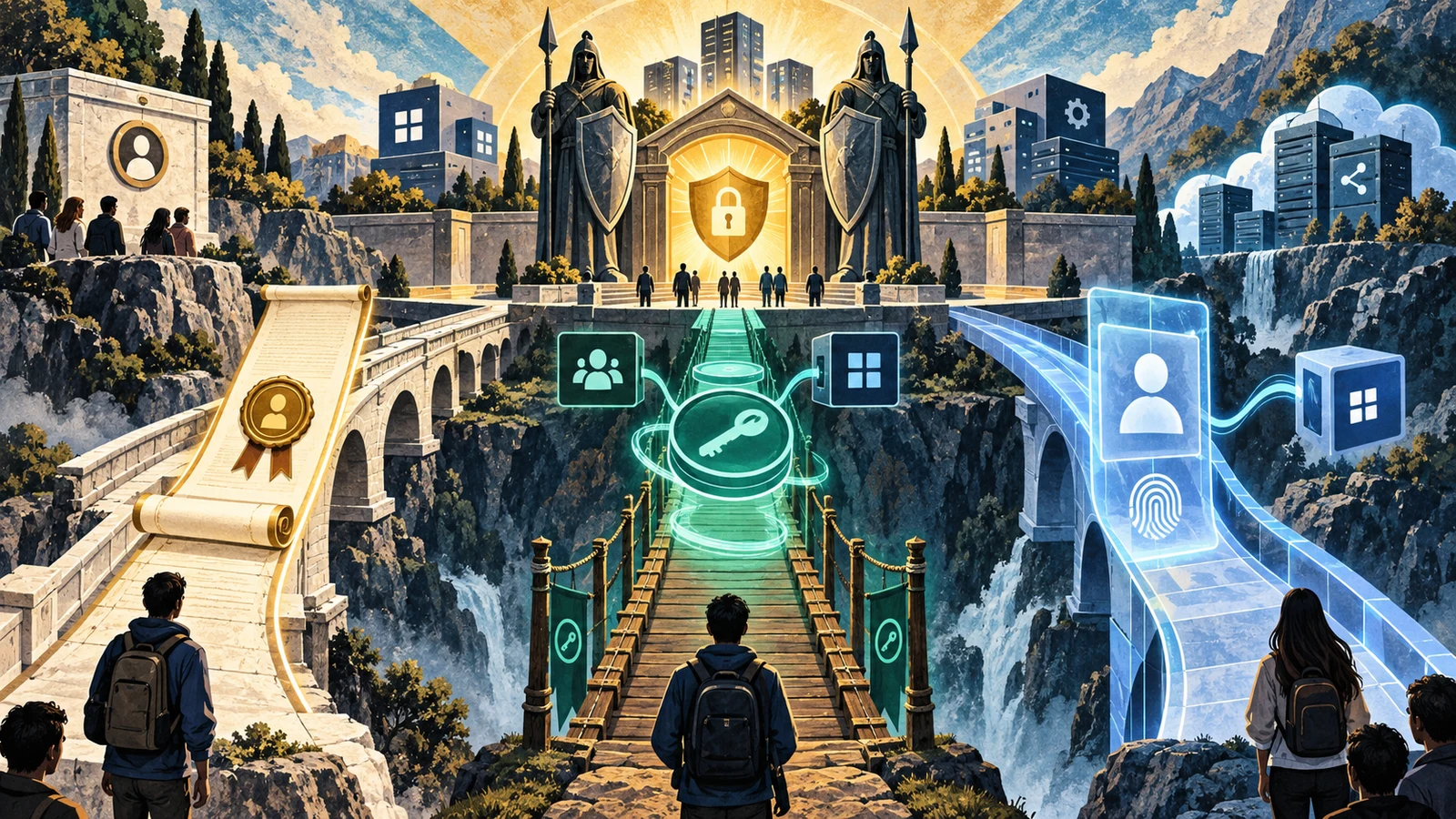Illustrated cybersecurity scene for SAML vs OAuth vs OIDC: Three Identity Protocols