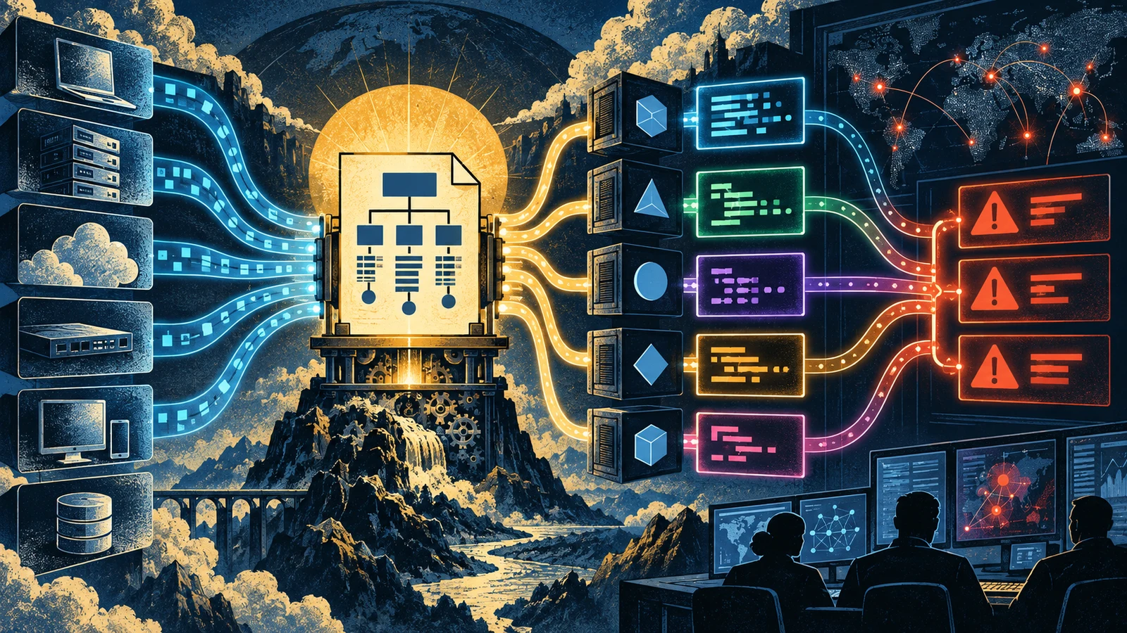 Illustrated cybersecurity scene for Sigma Rules: Portable Detections for Any SIEM