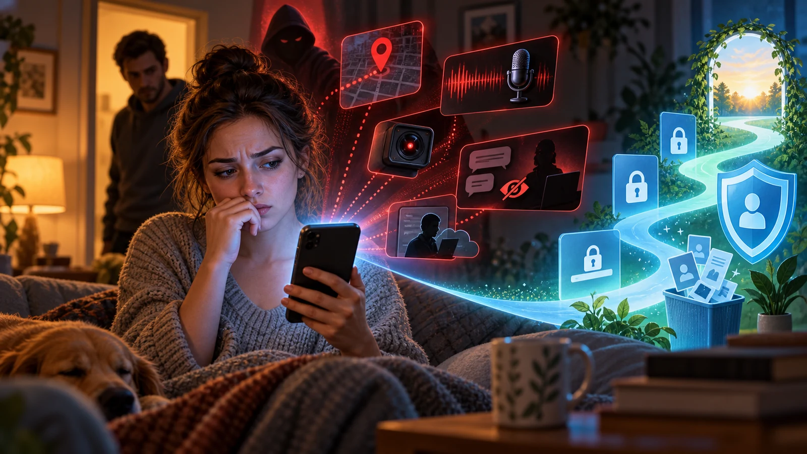 Illustrated cybersecurity scene for Signs Your Partner Is Spying on Your Phone