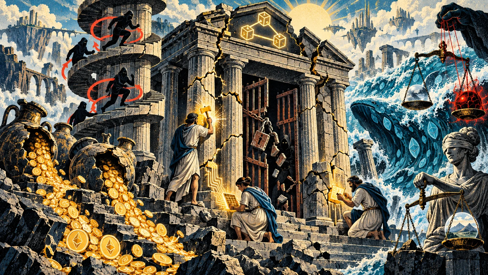 Illustrated cybersecurity scene for Smart Contract Vulnerabilities