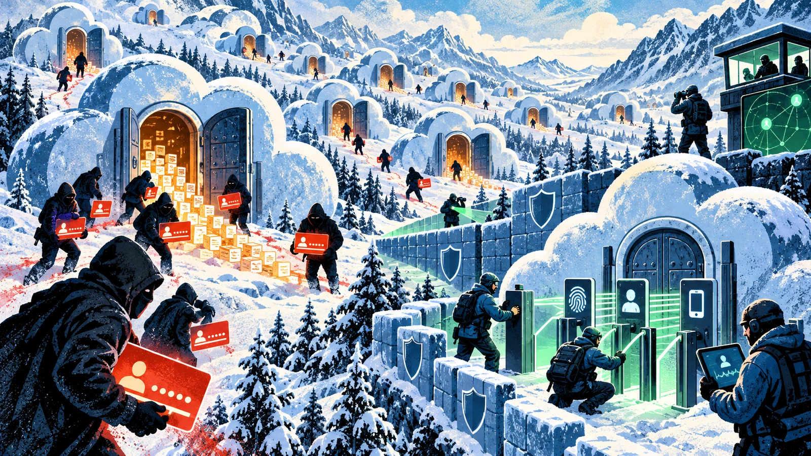 Illustrated cybersecurity scene for The Snowflake Customer Breaches: Stolen Logins, No MFA, at Scale