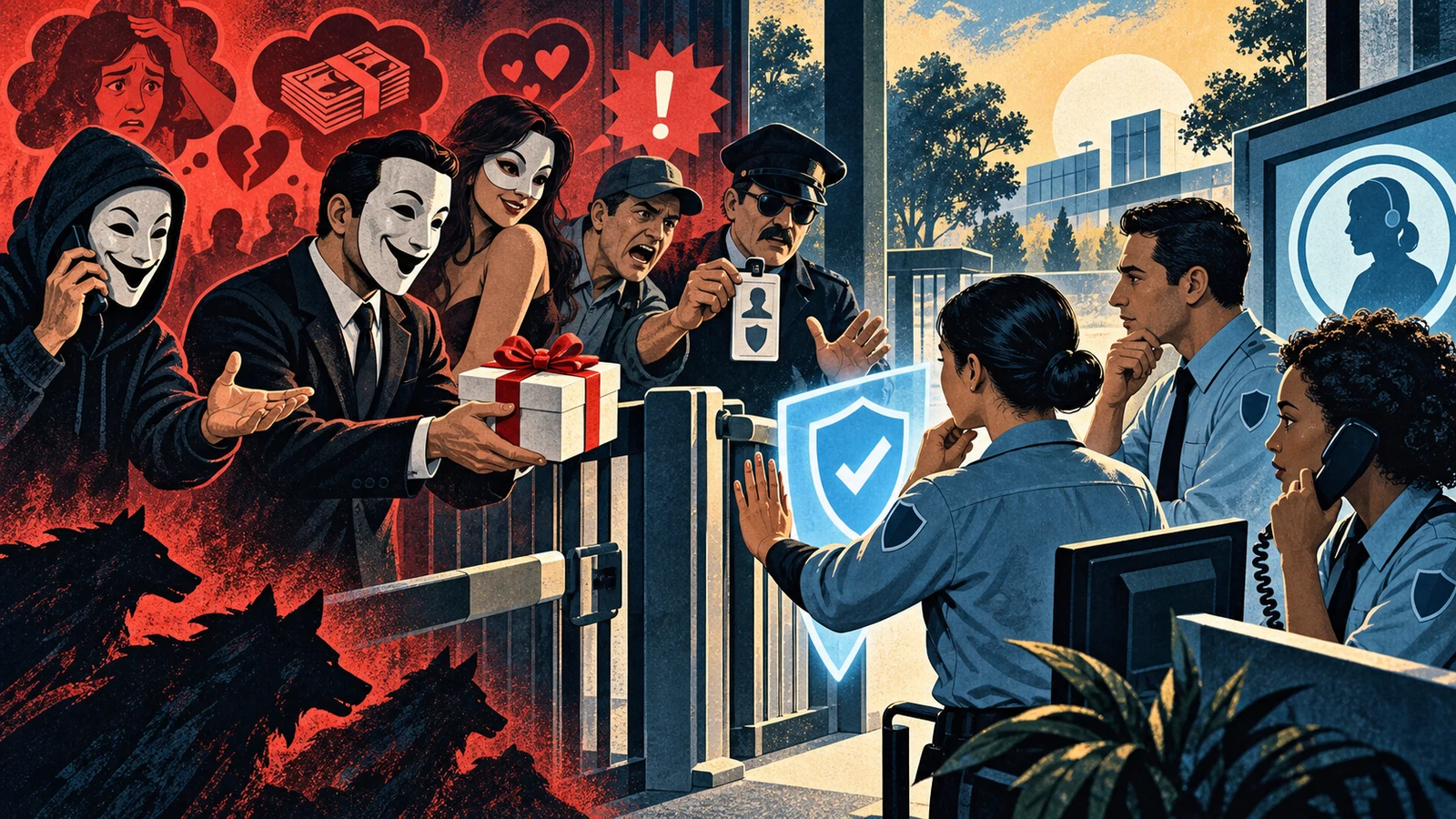 Illustrated cybersecurity scene for The Social Engineering Playbook Illustrated cybersecurity scene for The Social Engineering Playbook