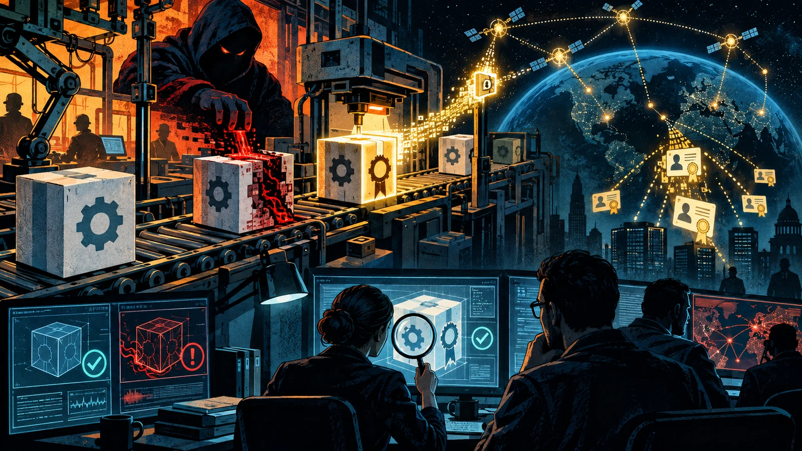 Illustrated cybersecurity scene for SolarWinds and SUNBURST: When the Build System Is the Target Illustrated cybersecurity scene for SolarWinds and SUNBURST: When the Build System Is the Target