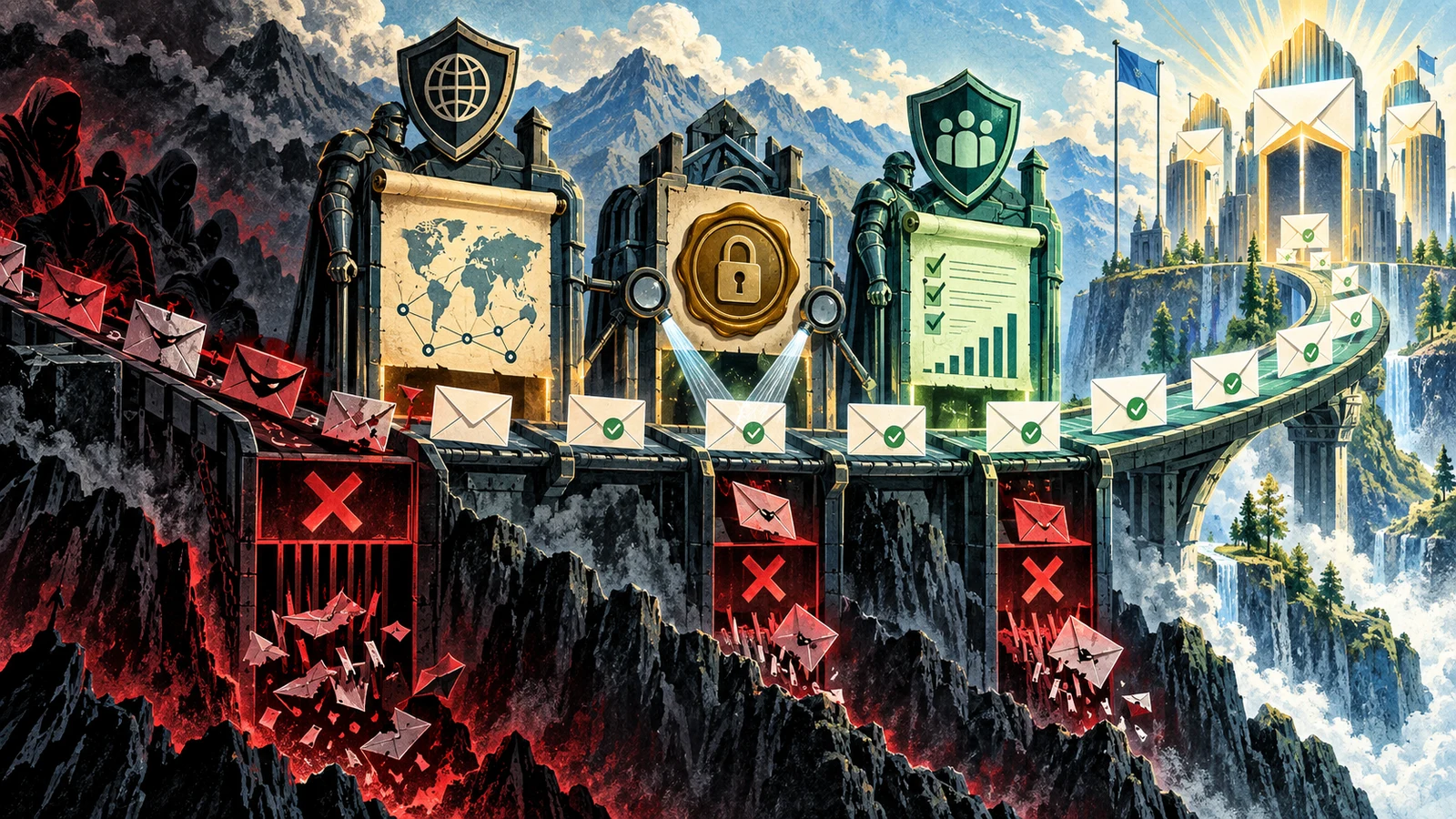 Illustrated cybersecurity scene for SPF, DKIM, and DMARC: Stopping Email Spoofing