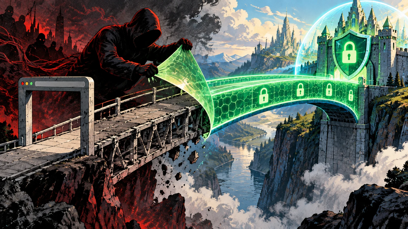 Illustrated cybersecurity scene for SSL Stripping: Downgrading HTTPS to HTTP & the HSTS Defense
