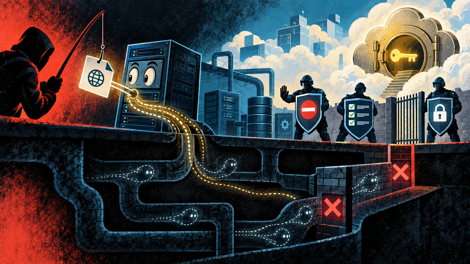 Illustrated cybersecurity scene for SSRF: Server-Side Request Forgery & Cloud Metadata Illustrated cybersecurity scene for SSRF: Server-Side Request Forgery & Cloud Metadata