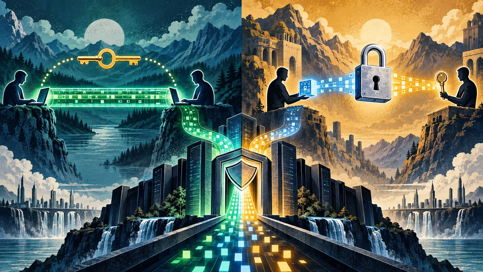 Illustrated cybersecurity scene for Symmetric vs Asymmetric Encryption: The Two Families Illustrated cybersecurity scene for Symmetric vs Asymmetric Encryption: The Two Families