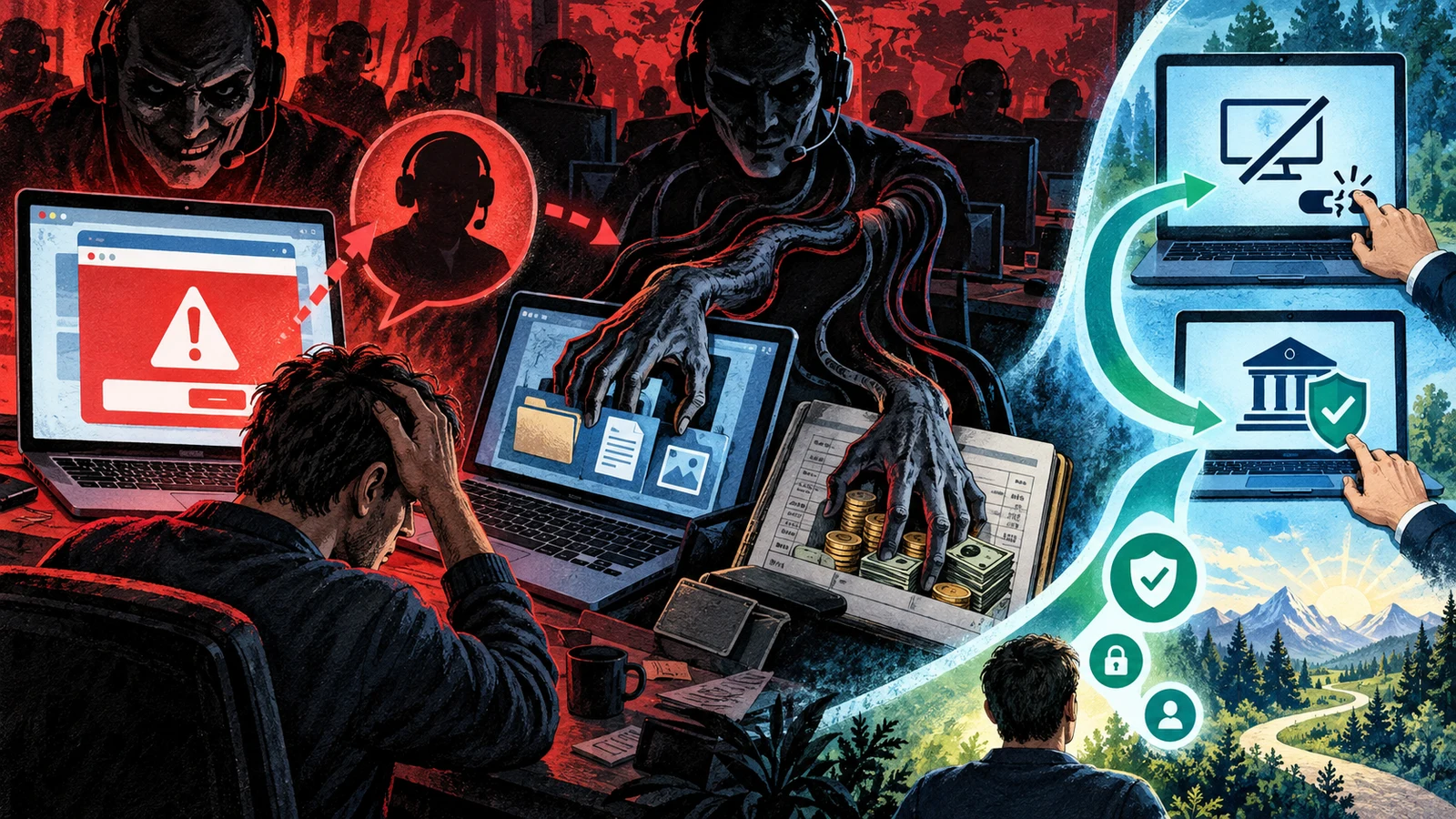 Illustrated cybersecurity scene for Tech Support Scams: The Popup, the Call, the Refund Illustrated cybersecurity scene for Tech Support Scams: The Popup, the Call, the Refund