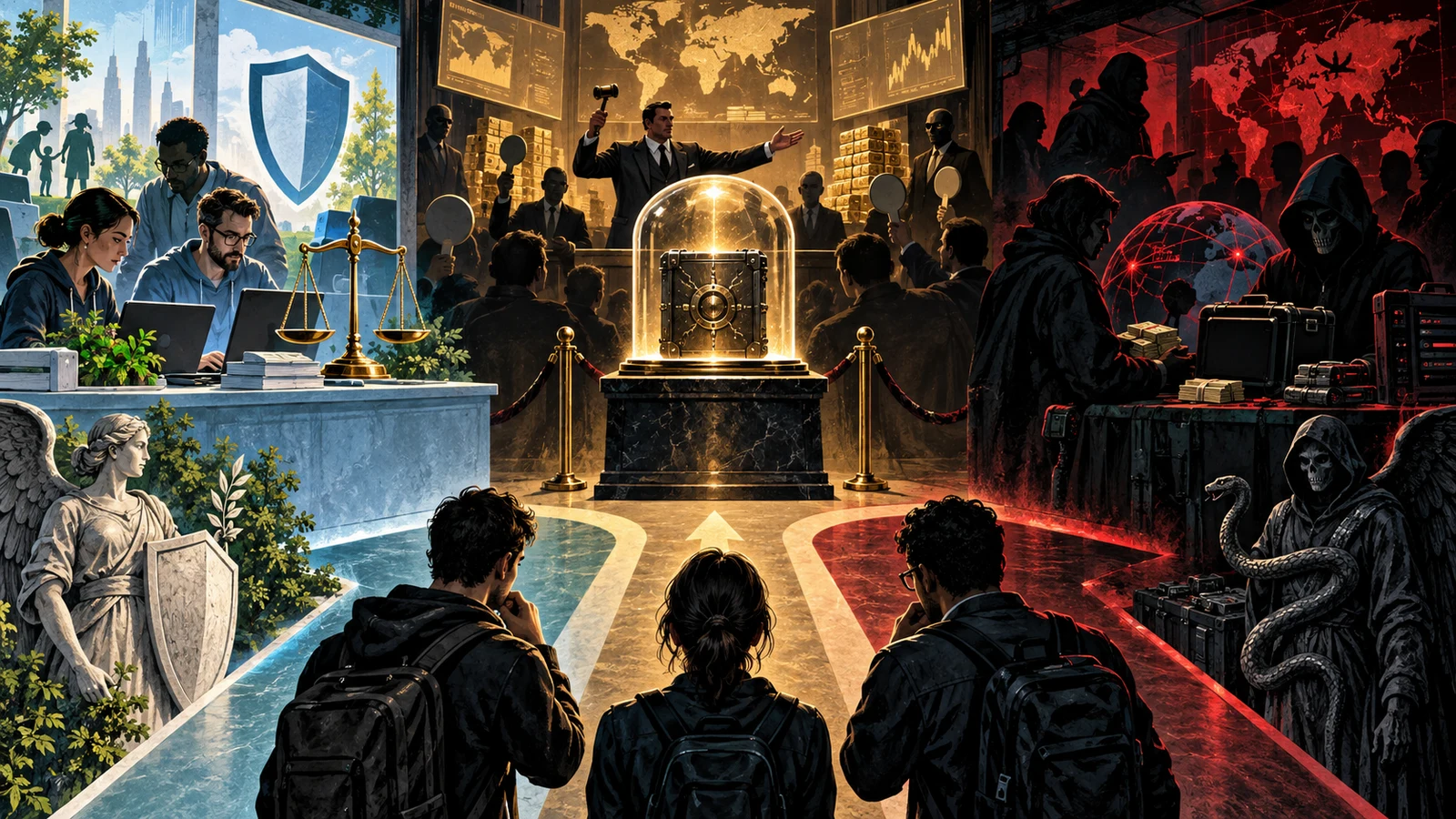 Illustrated cybersecurity scene for The Exploit Market: Bounties, Brokers & Zero-Day Trade Illustrated cybersecurity scene for The Exploit Market: Bounties, Brokers & Zero-Day Trade
