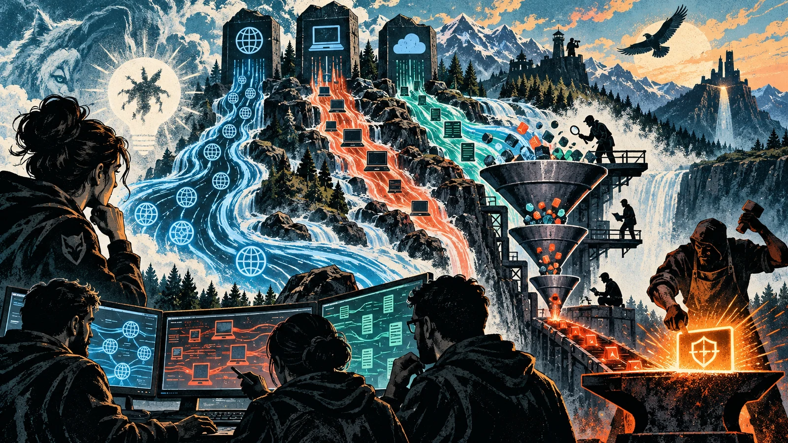 Illustrated cybersecurity scene for How to Threat Hunt: Hypothesis-Driven Hunting, Step by Step