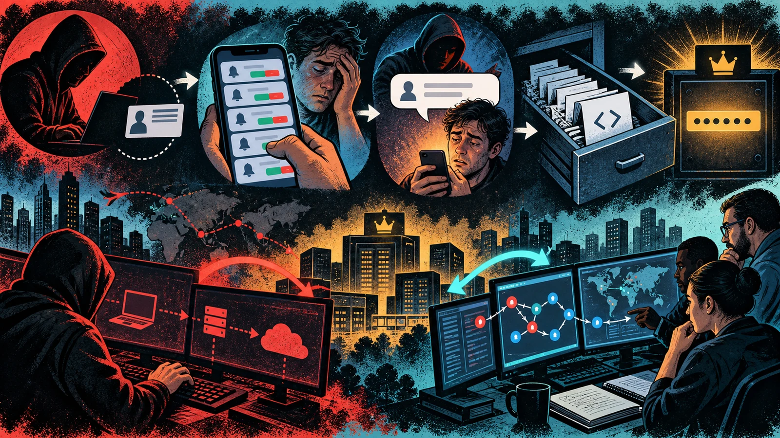Illustrated cybersecurity scene for The Uber 2022 Breach: MFA Fatigue to a Hardcoded PAM Password