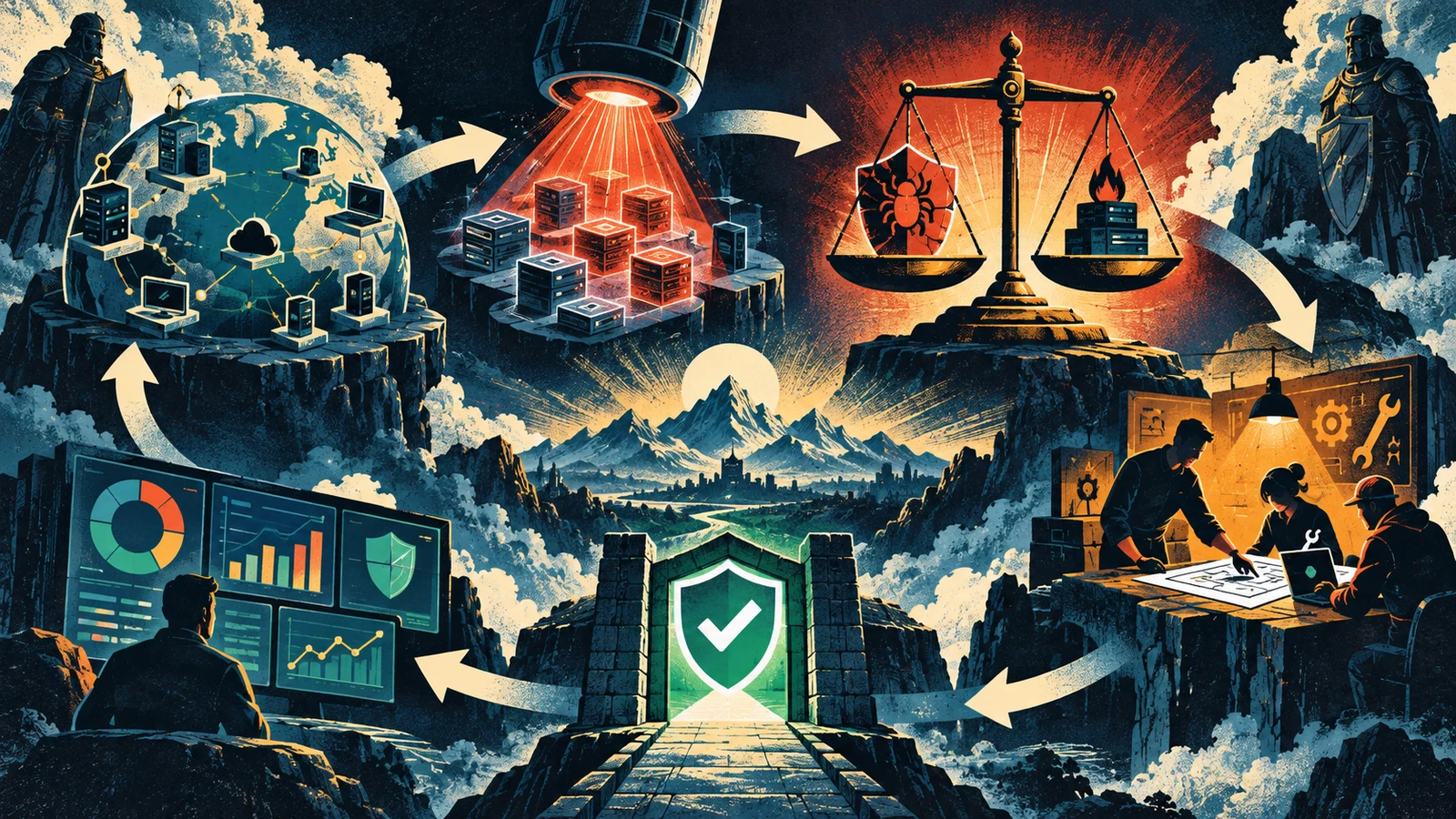 Illustrated cybersecurity scene for The Vulnerability Management Lifecycle: From Scan to Verified Fix