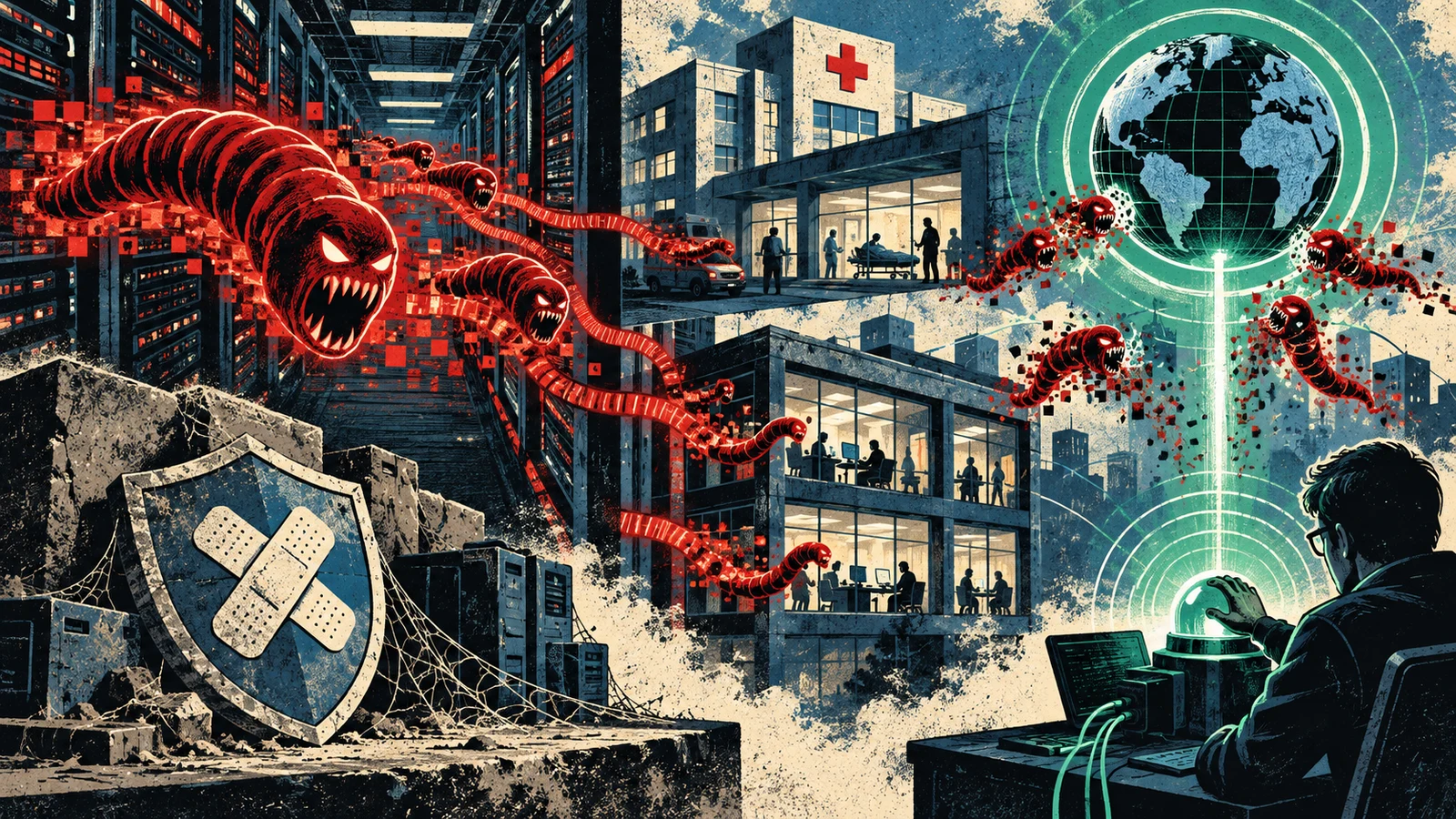 Illustrated cybersecurity scene for WannaCry: A Worm, a Patch Nobody Applied, and a Kill Switch