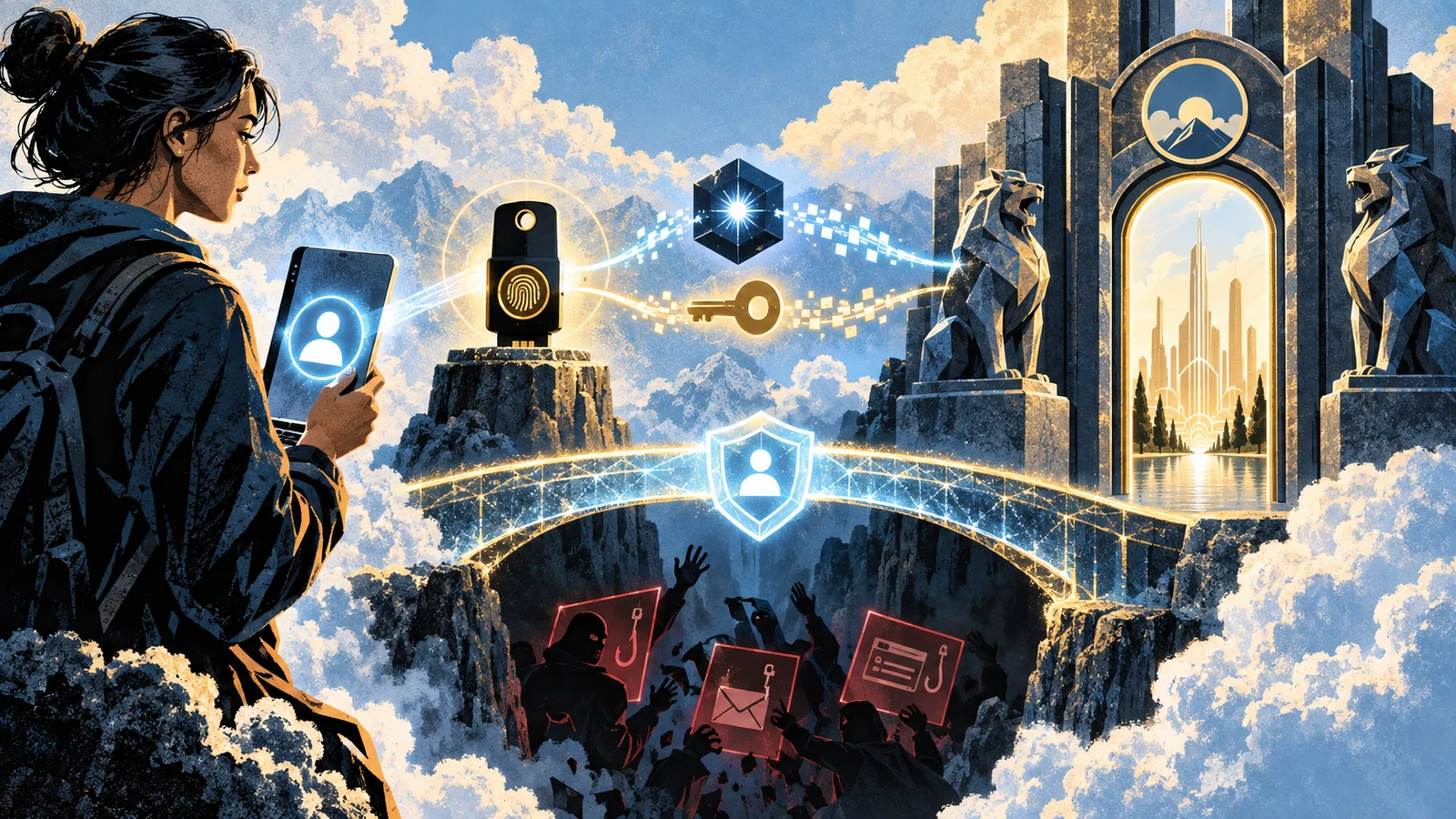 Illustrated cybersecurity scene for WebAuthn: The FIDO2 Standard Behind Passkeys Illustrated cybersecurity scene for WebAuthn: The FIDO2 Standard Behind Passkeys