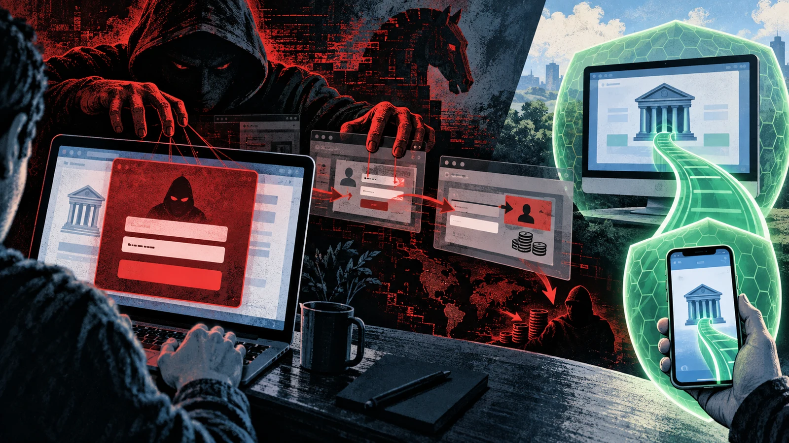 Illustrated cybersecurity scene for Banking Trojan: Overlay & Web-Inject Fraud