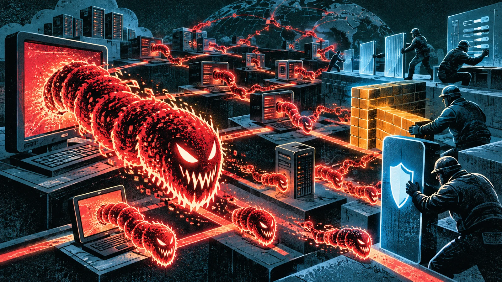 Illustrated cybersecurity scene for Computer Worm: Self-Spreading Malware Illustrated cybersecurity scene for Computer Worm: Self-Spreading Malware