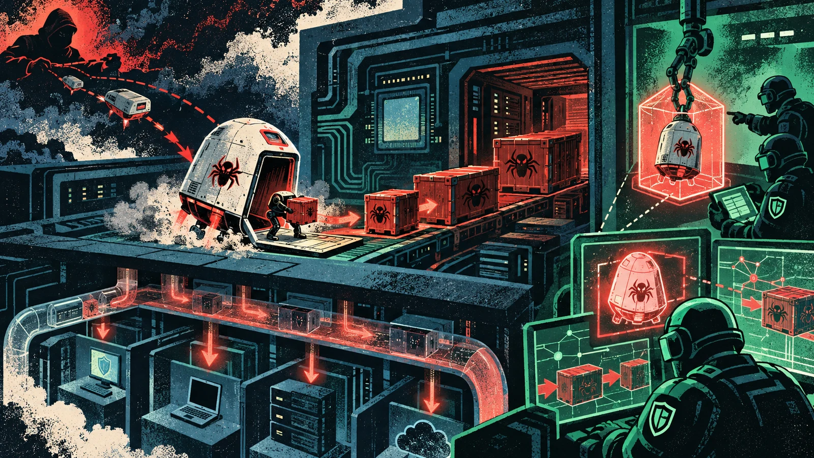 Illustrated cybersecurity scene for Loaders and Droppers: First-Stage Malware Delivery