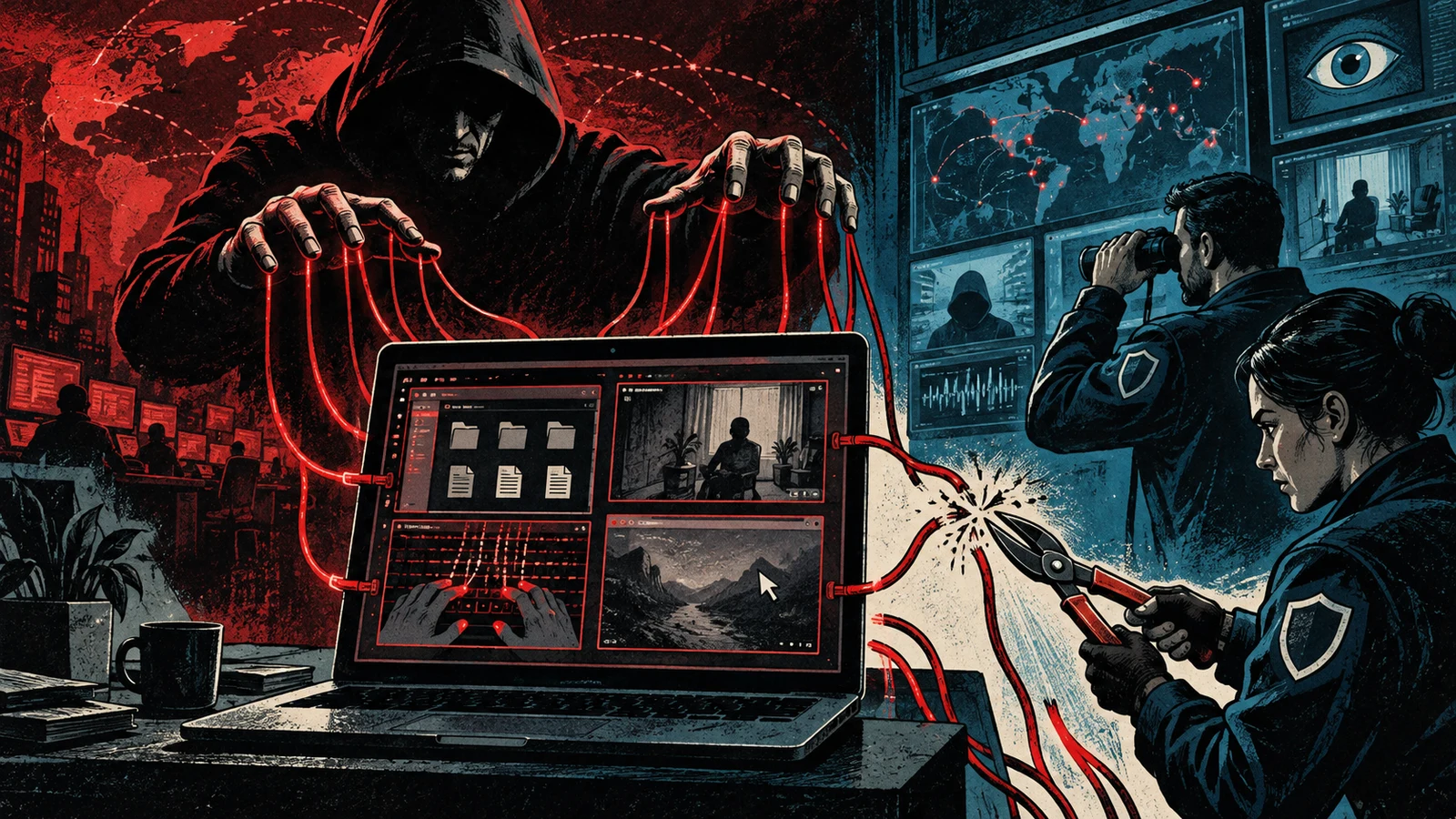 Illustrated cybersecurity scene for RAT: Remote Access Trojans