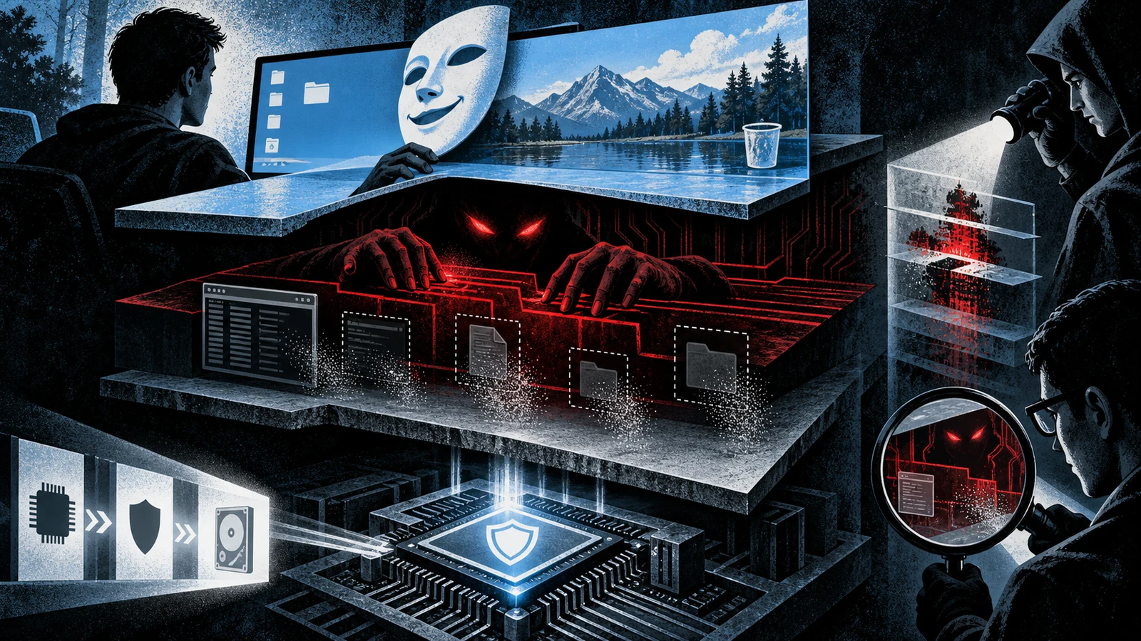 Illustrated cybersecurity scene for Rootkit: Kernel and User-Mode Stealth
