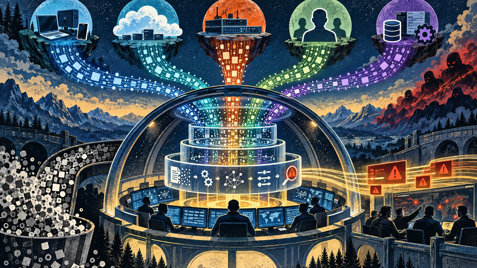 Illustrated cybersecurity scene for SIEM: Log Collection, Correlation and Detection