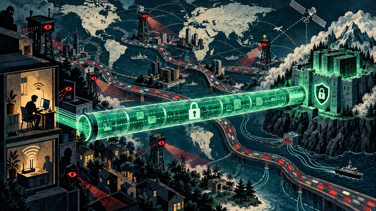 Illustrated cybersecurity scene for VPN and How It Actually Works Illustrated cybersecurity scene for VPN and How It Actually Works